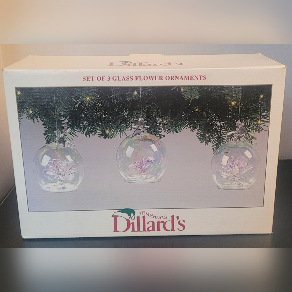 Dillards Glass Flower Christmas Ornaments Trimmings Set Of 3 Vintage
